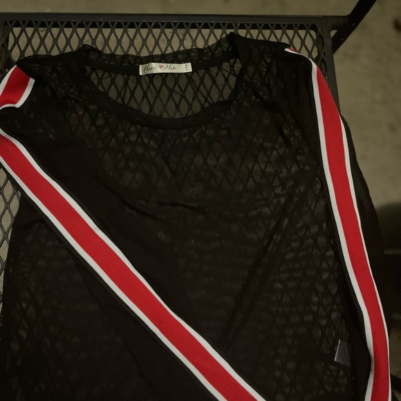 NWOT sheer mesh black cropped long sleeve w/ red and white stripe sleeve - Picture 3 of 5
